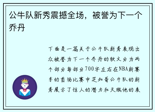 公牛队新秀震撼全场，被誉为下一个乔丹