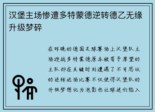 汉堡主场惨遭多特蒙德逆转德乙无缘升级梦碎