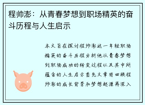程帅澎：从青春梦想到职场精英的奋斗历程与人生启示