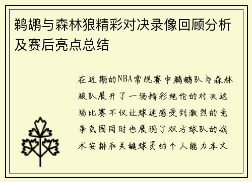 鹈鹕与森林狼精彩对决录像回顾分析及赛后亮点总结