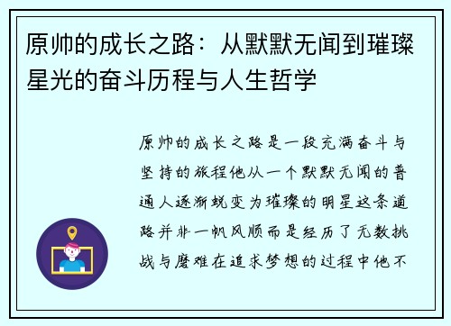 原帅的成长之路：从默默无闻到璀璨星光的奋斗历程与人生哲学