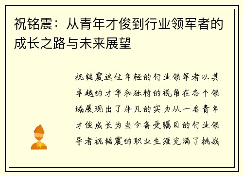 祝铭震：从青年才俊到行业领军者的成长之路与未来展望