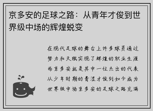 京多安的足球之路：从青年才俊到世界级中场的辉煌蜕变